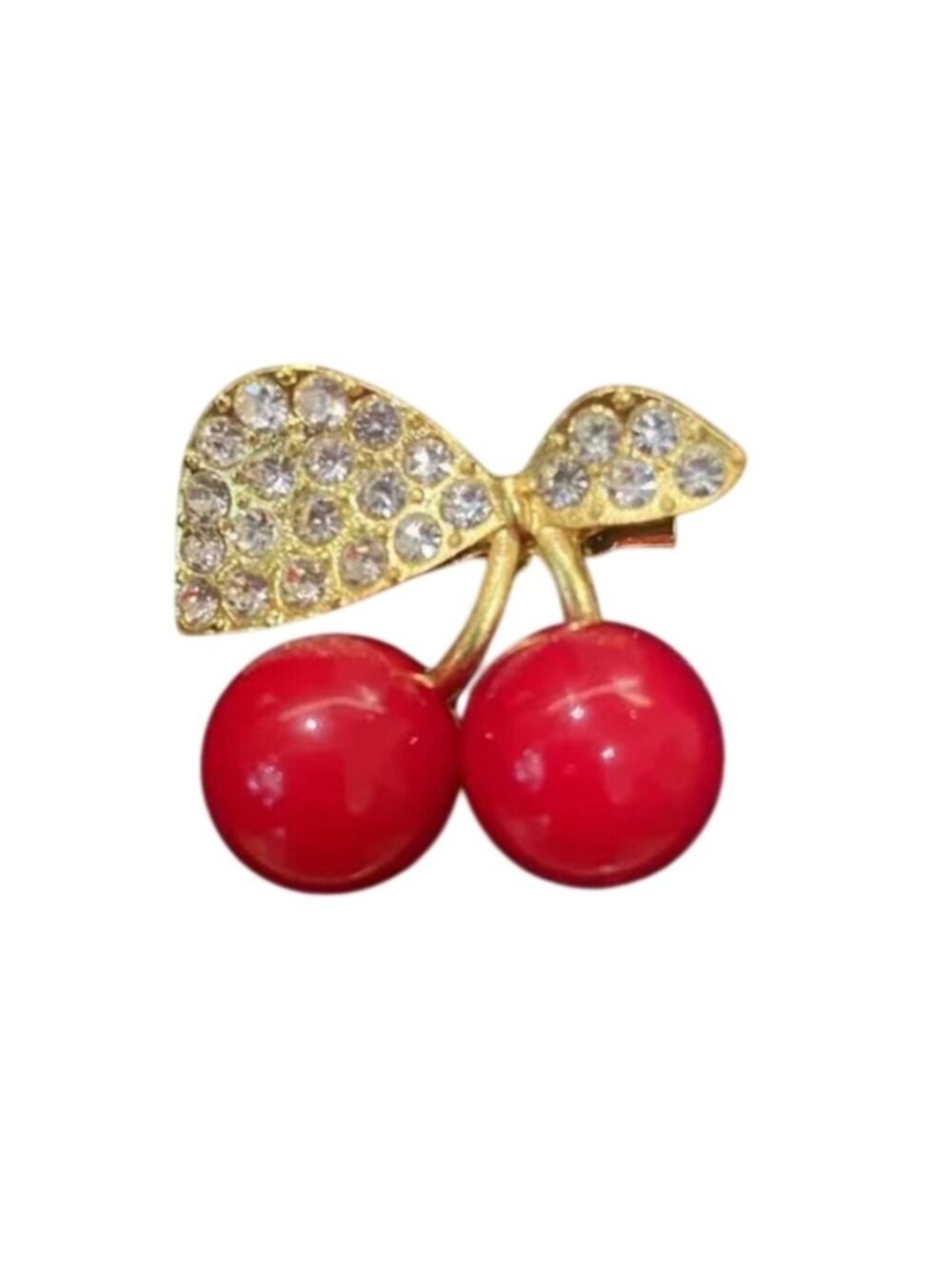 Cherry Red Plastic & Metal Brooch With Crystals Gold Tone